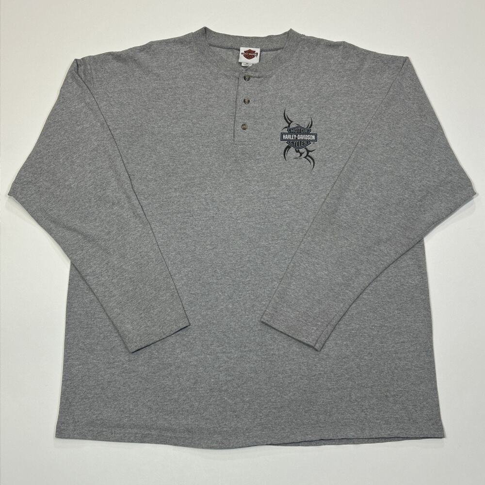 Harley Davidson Henley Shirt Mens 2XL Gray Long Sleeve Framingham MA Biker Eagle